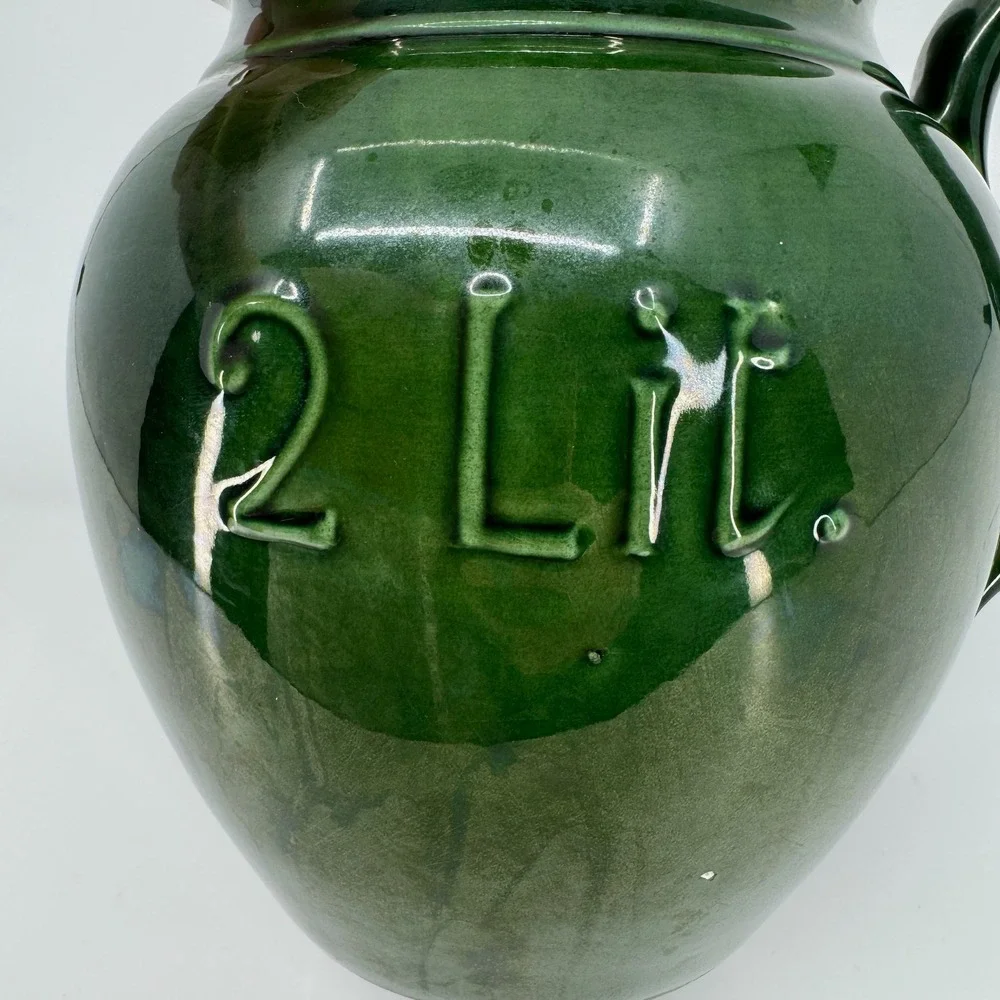 Williams Sonoma 2 Lit Green Stoneware Pitcher Farmhouse Crock Utensil Holder Jug